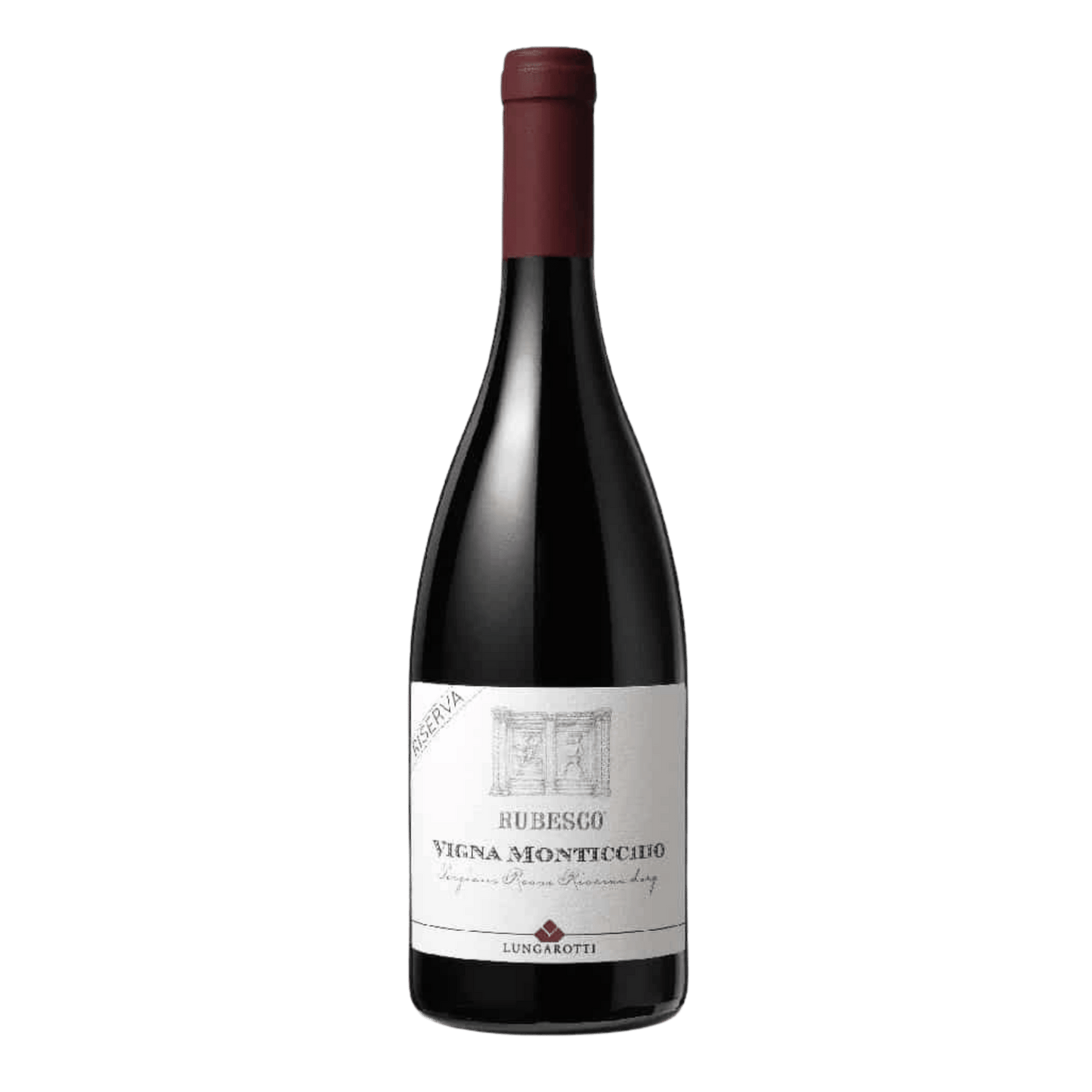A bottle of Lungarotti “Rubesco” Rosso di Torgiano Riserva DOC 2019 from DiVino.com.au, featuring a maroon foil top and white label, is displayed against a plain light background. - DiVino.com.au