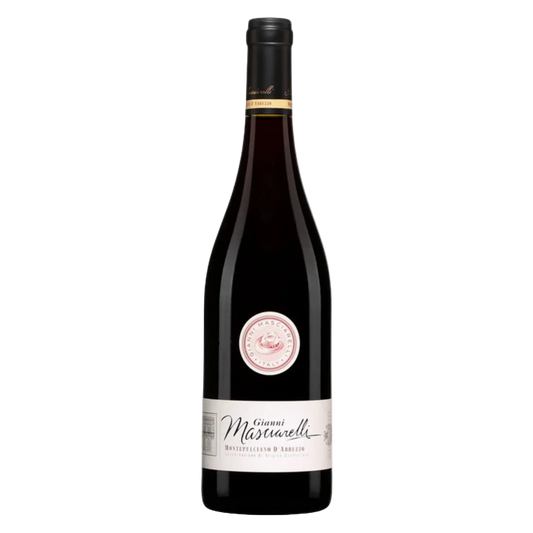 A bottle of Gianni Masciarelli Montepulciano d’Abruzzo DOC 2021 from DiVino.com.au, with a black neck, dark glass, and a white label with gold and pink accents, displayed against a plain white background. - DiVino.com.au