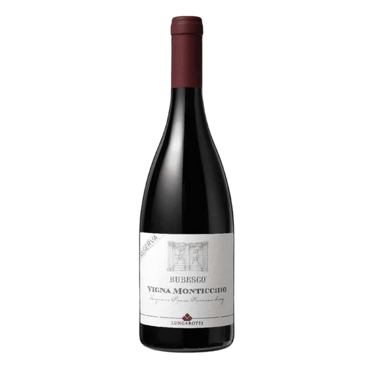 A bottle of Lungarotti “Rubesco” Rosso di Torgiano Riserva DOC 2019 from DiVino.com.au, featuring a maroon foil top and white label, is displayed against a plain light background. - DiVino.com.au