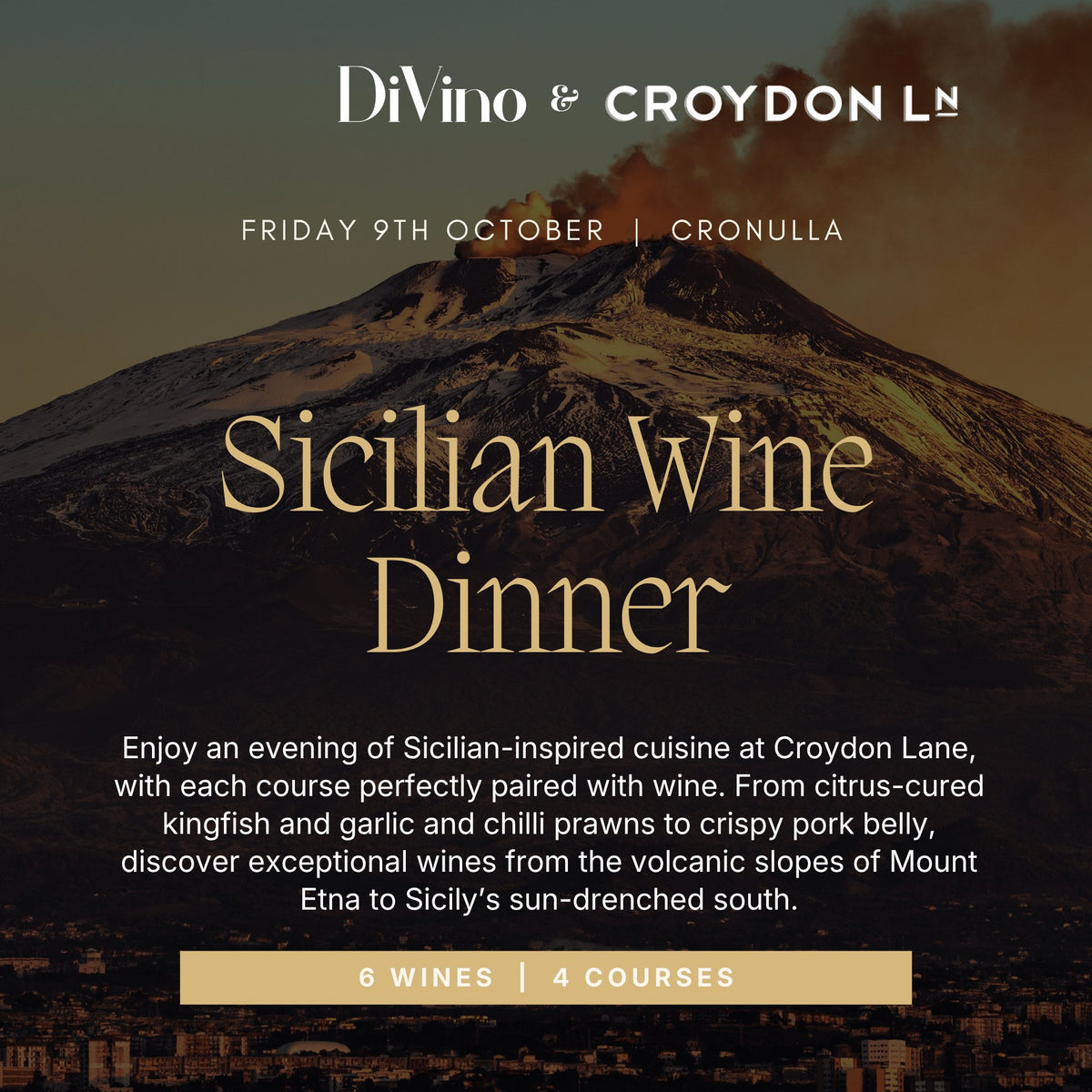 Sicilian Wine Dinner – DiVino & Croydon Lane, Friday 9 October, Cronulla. 6 wines, 4 courses